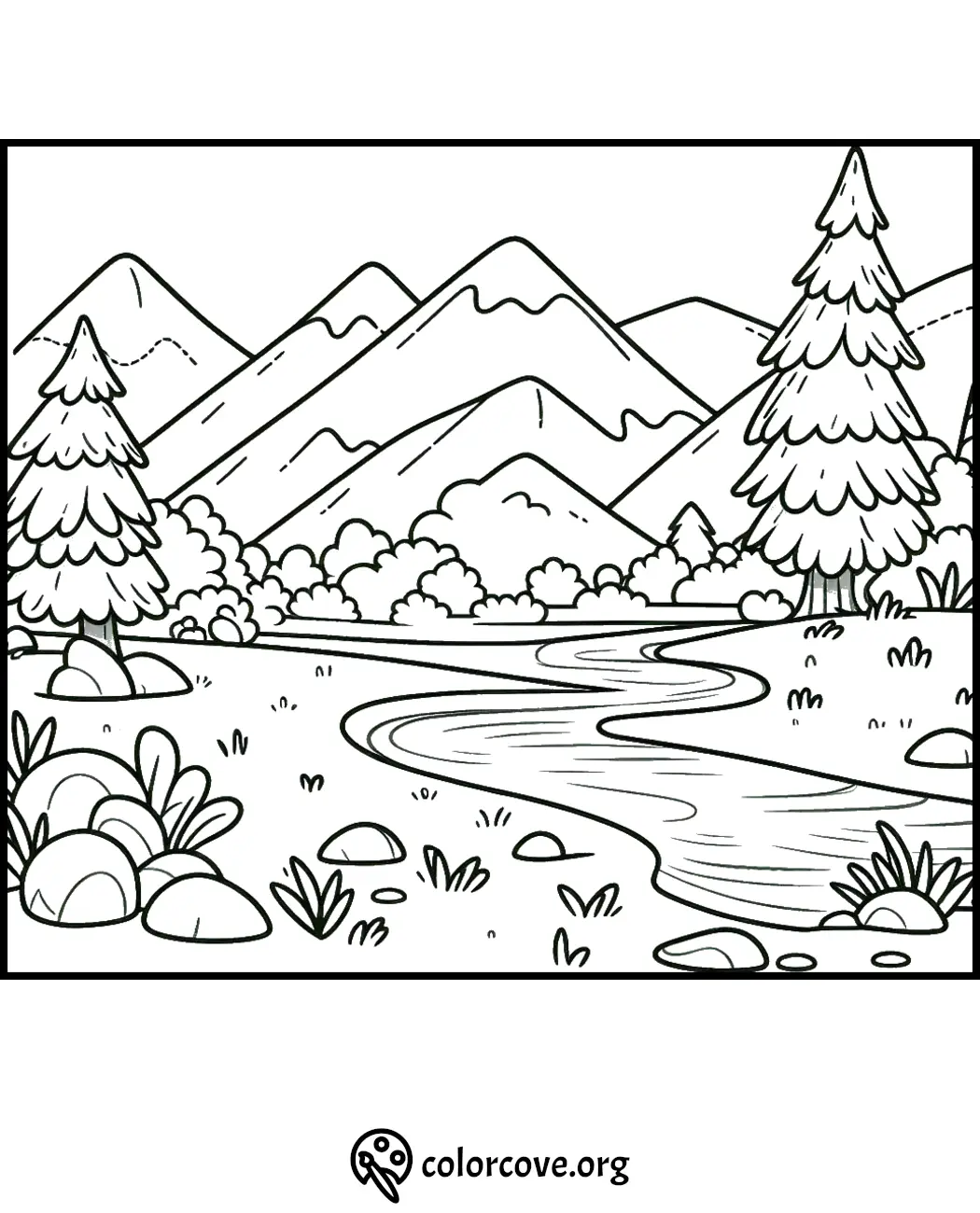 Coloring page featuring a scenic landscape with mountains, trees, a river, and grassy fields. Free printable from colorcove.org.