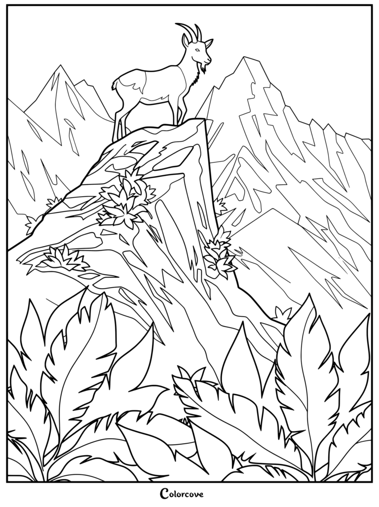 A mountain goat standing on a rocky cliff with jagged mountains in the background, featured in a detailed line art coloring page.