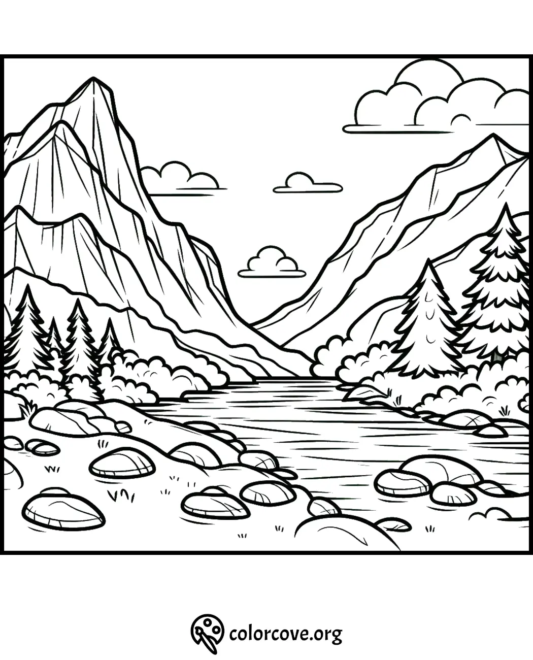 Coloring page of a scenic mountain landscape with a river, trees, and clouds, perfect for kids and adults to color.