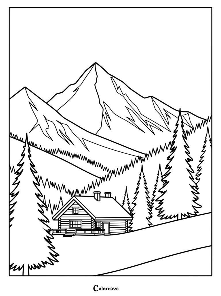 A printable mountain cabin coloring page featuring a log house nestled in a pine forest with snow-capped peaks in the background.