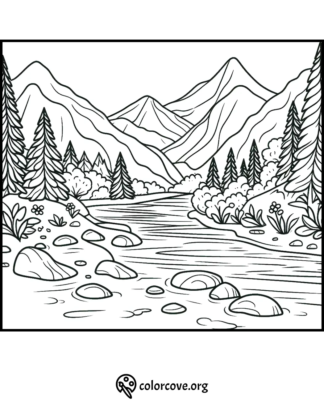 Coloring page of a scenic mountain landscape with a river, trees, and rocks, perfect for kids' creativity and nature lovers.