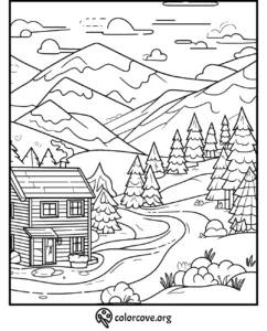 Mountain landscape coloring page with a cabin, trees, and winding road under a cloudy sky. Wordmark: colorcove.org