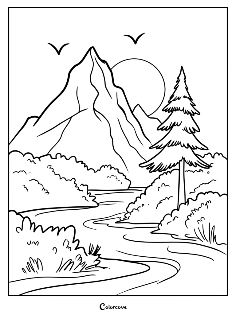 A printable coloring page featuring a tall mountain peak, a winding river, a pine tree, and birds flying under the sun.