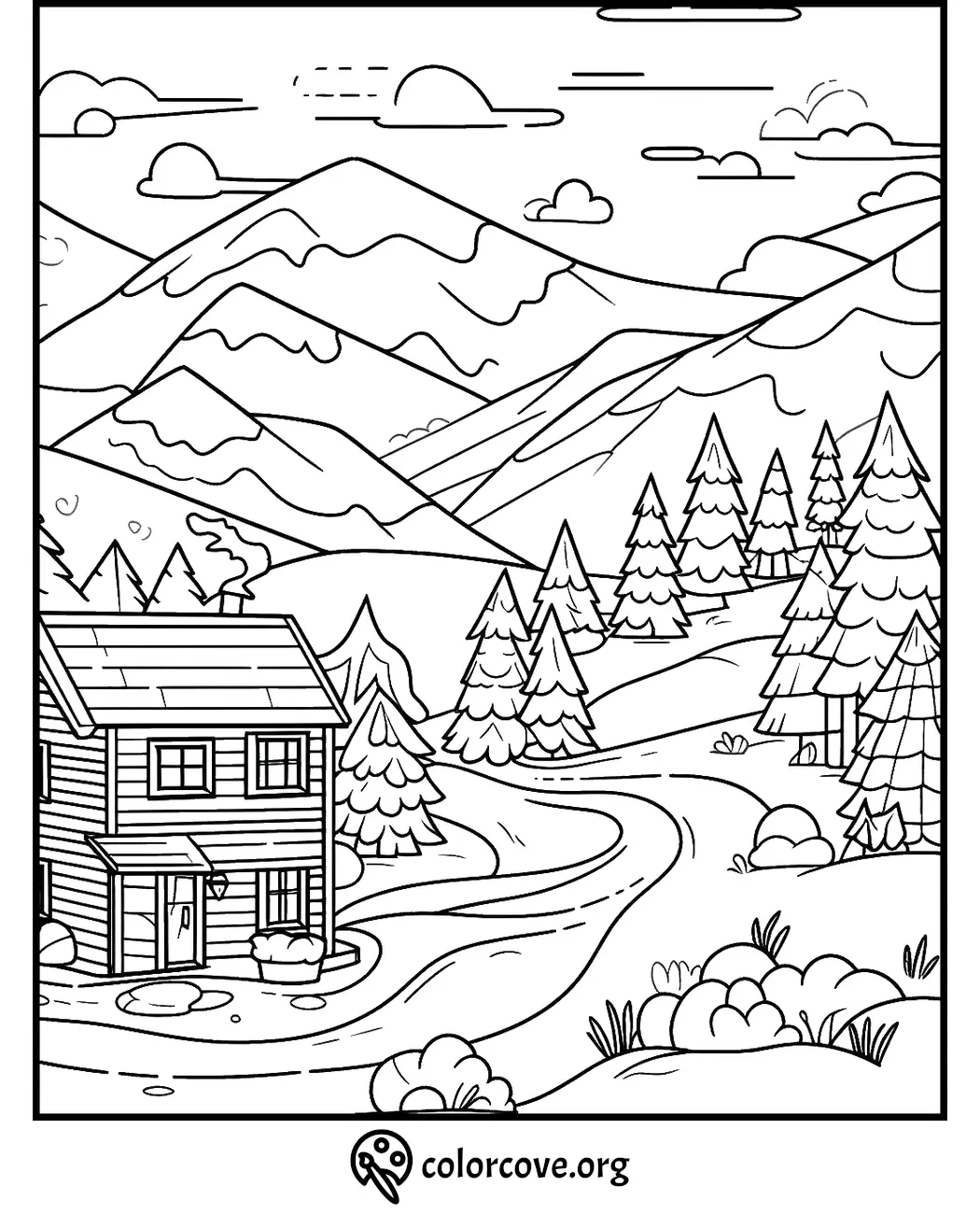 Mountain landscape coloring page with a cabin, trees, and winding road under a cloudy sky. Wordmark: colorcove.org