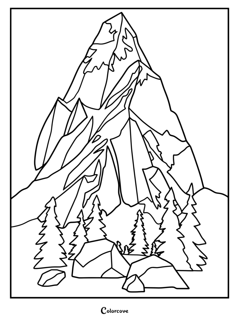 A printable coloring page featuring a jagged, snow-capped mountain peak rising above a forest of pine trees and rocky boulders.