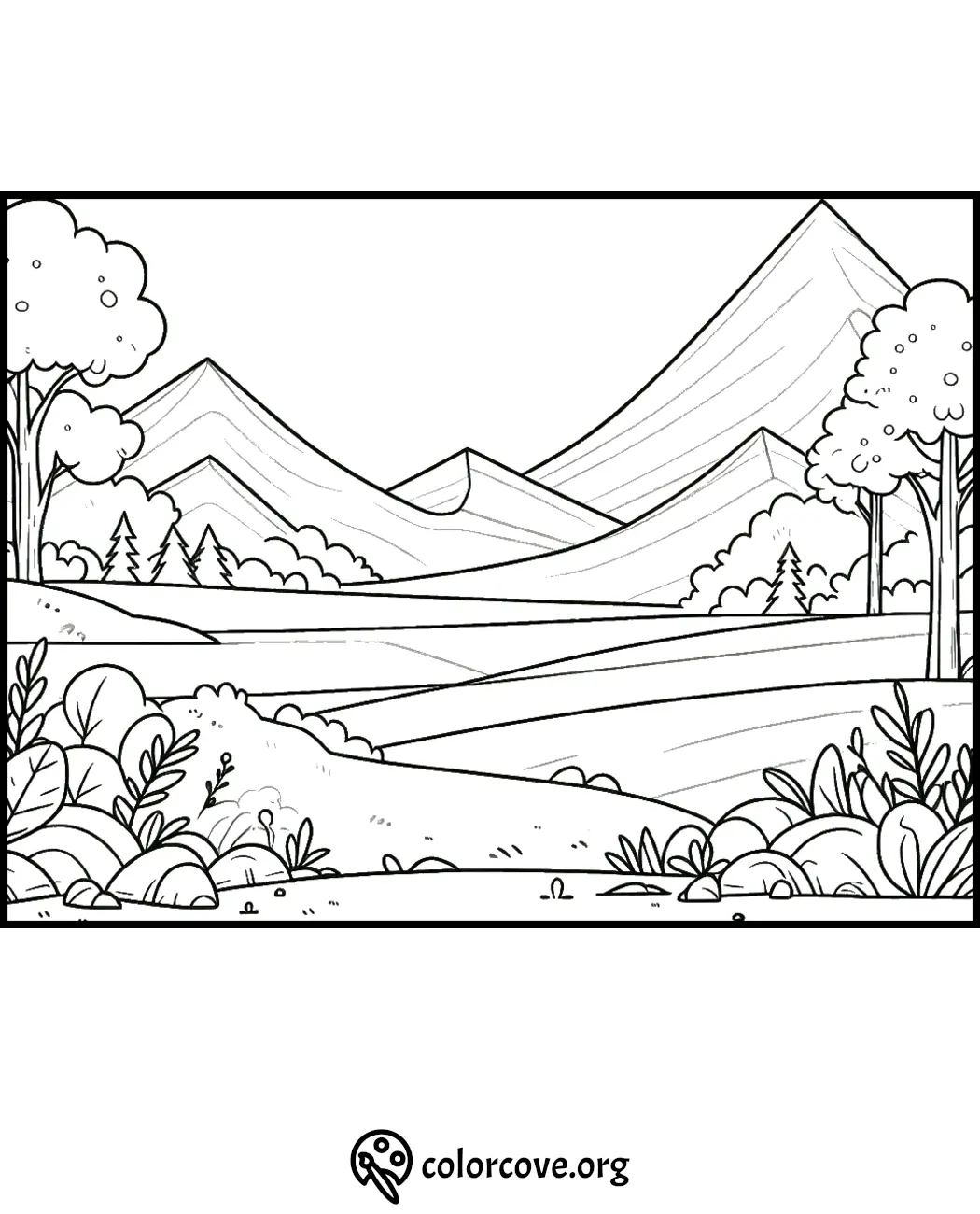 Coloring page of a serene mountain landscape with trees, bushes, and rolling hills. Perfect for nature-inspired coloring.