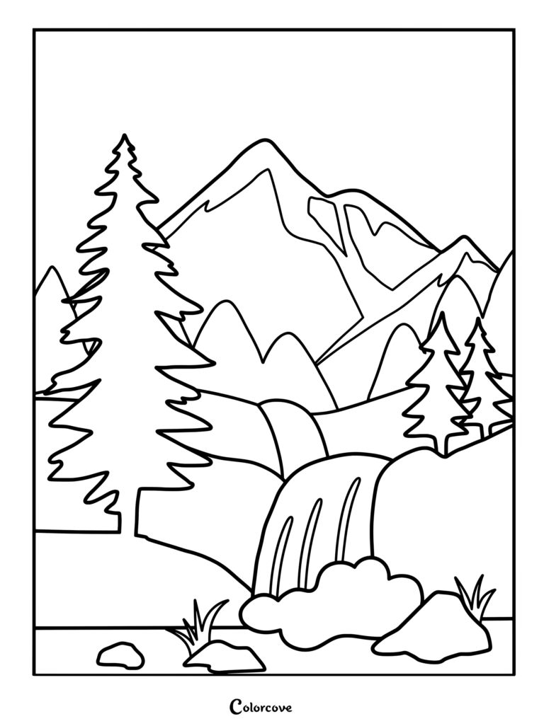A printable coloring page featuring a tall mountain peak, pine trees, and a cascading waterfall flowing into a stream.