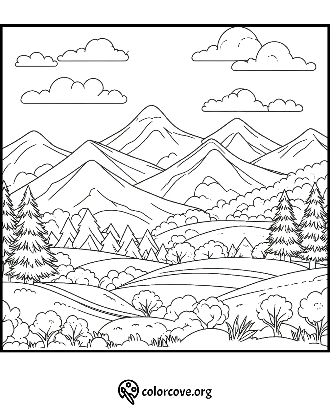 Printable mountain landscape coloring page with trees, hills, and clouds from colorcove.org. Perfect for kids and adults.