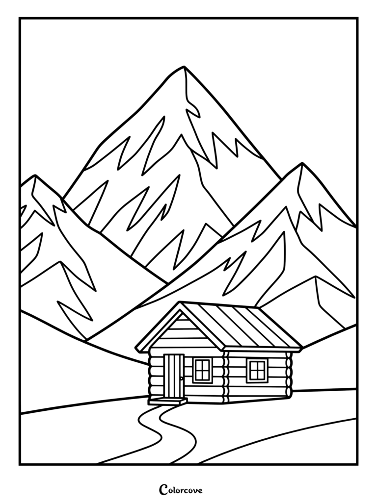 A simple line art coloring page featuring a rustic log cabin nestled at the base of tall, snow-capped mountain peaks.