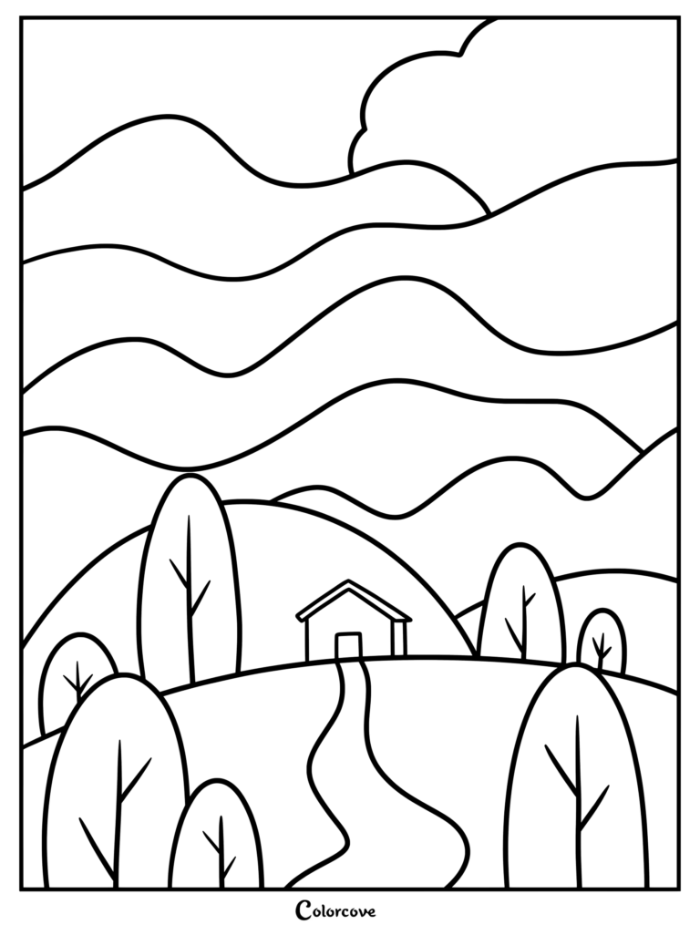 A simple coloring page featuring a small cabin nestled in rolling hills with layered mountain ranges in the background.