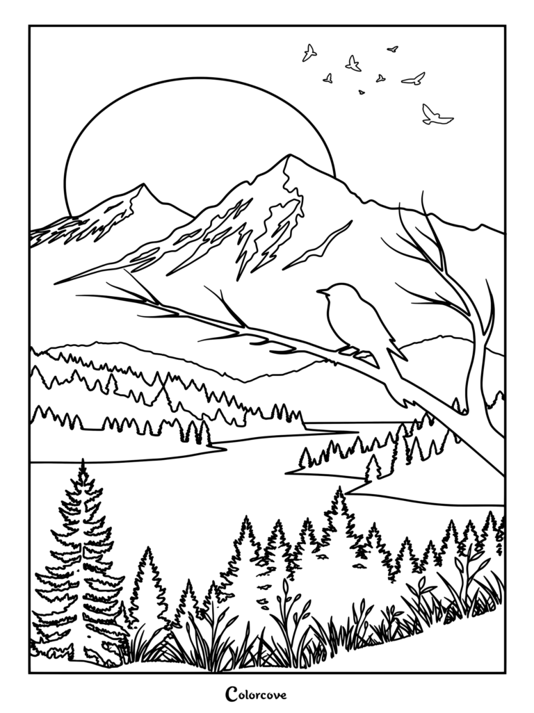 A bird perched on a tree branch overlooking a mountain lake coloring page with a large sun and flying birds in the sky.