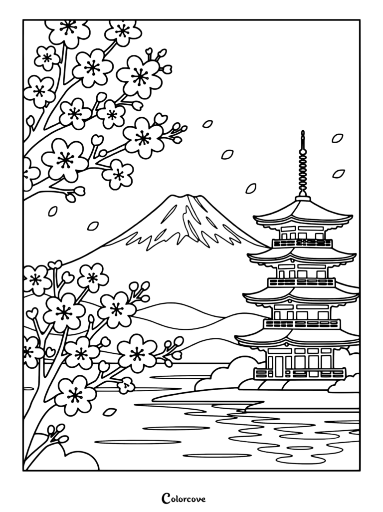 A detailed coloring page featuring Mount Fuji in the background with a traditional Japanese pagoda and cherry blossom branches in the foreground.
