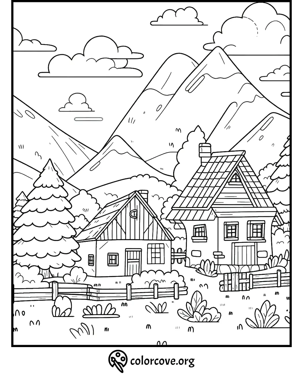 Coloring page of a mountain village with wooden houses, trees, and a scenic mountain backdrop for kids and adults to color.