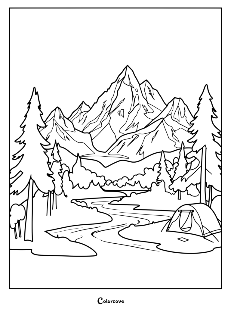 A mountain landscape coloring page featuring a tent by a river with pine trees and jagged peaks.