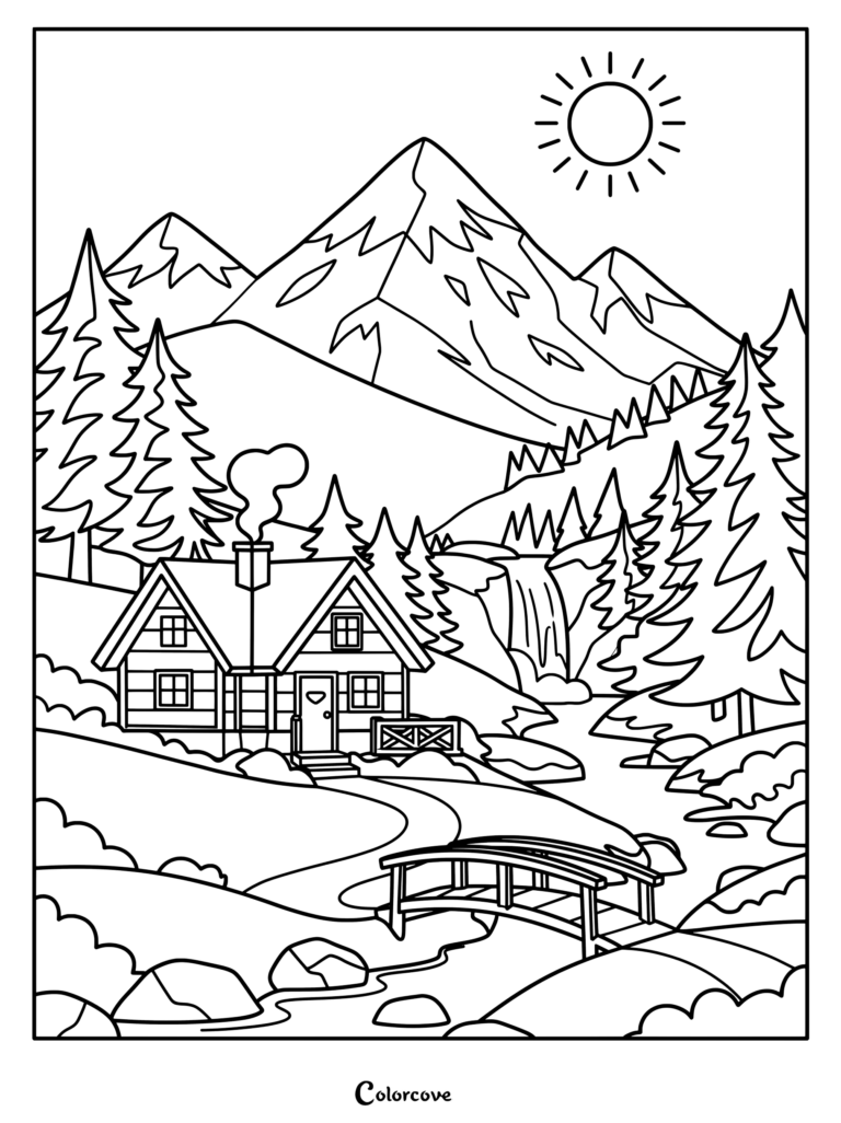 A mountain cabin coloring page featuring a log house, a waterfall, a wooden bridge, and pine trees under a bright sun.