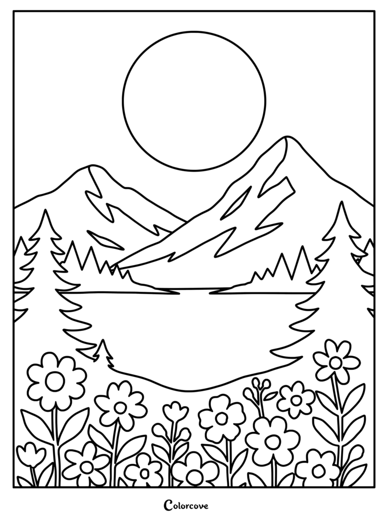 A printable coloring page featuring a large sun over jagged mountain peaks, a calm lake, pine trees, and a foreground of blooming flowers.
