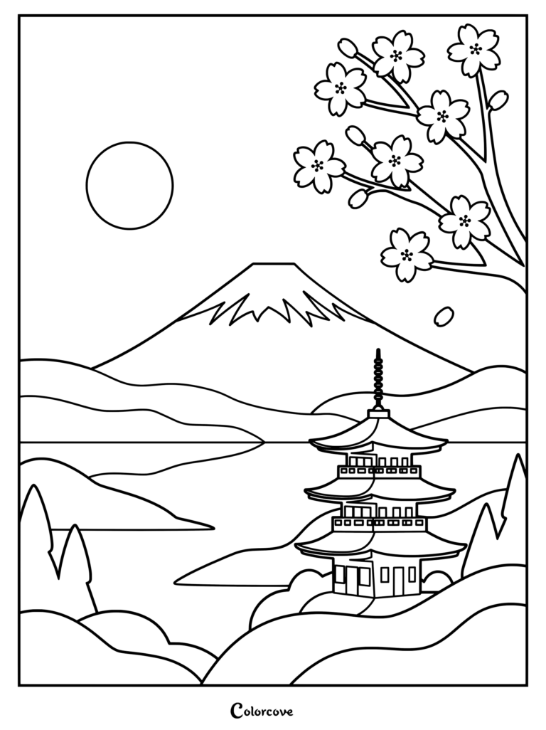 A serene coloring page featuring Mount Fuji, a traditional three-story pagoda, and cherry blossom branches under a full sun.