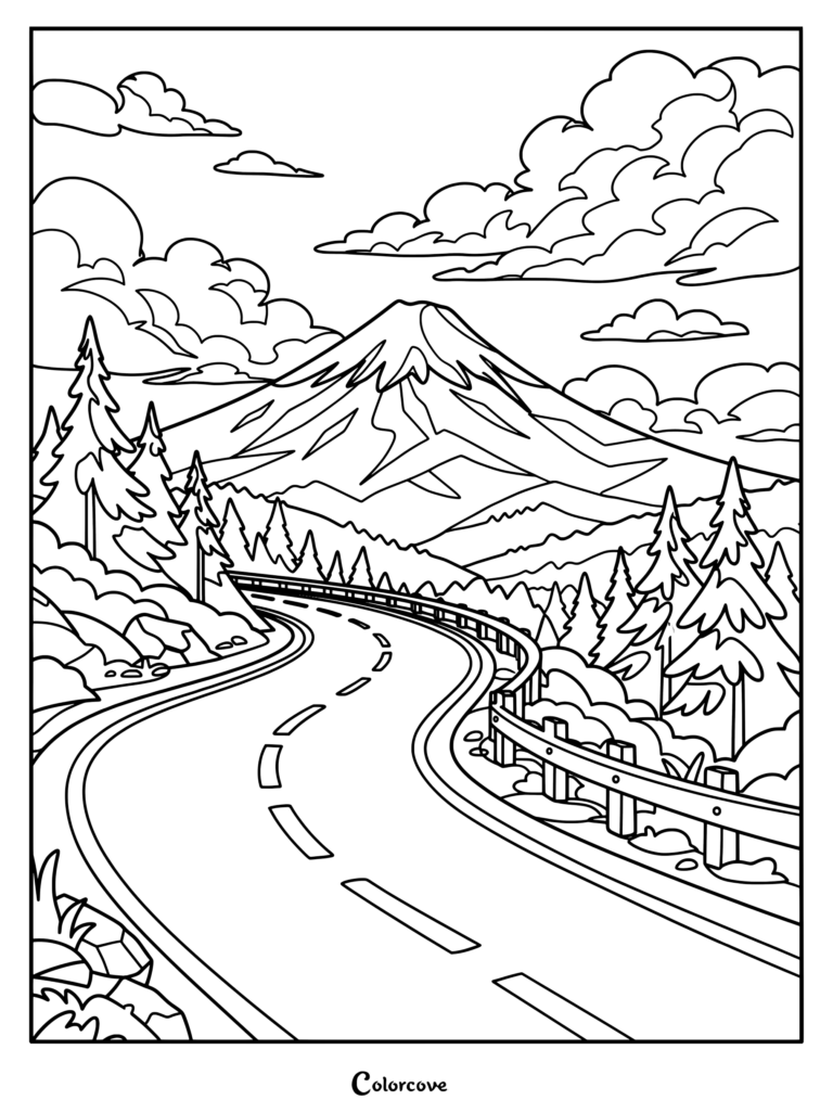 A winding road leading toward a majestic snow-capped mountain peak, surrounded by pine trees and fluffy clouds in this printable coloring page.