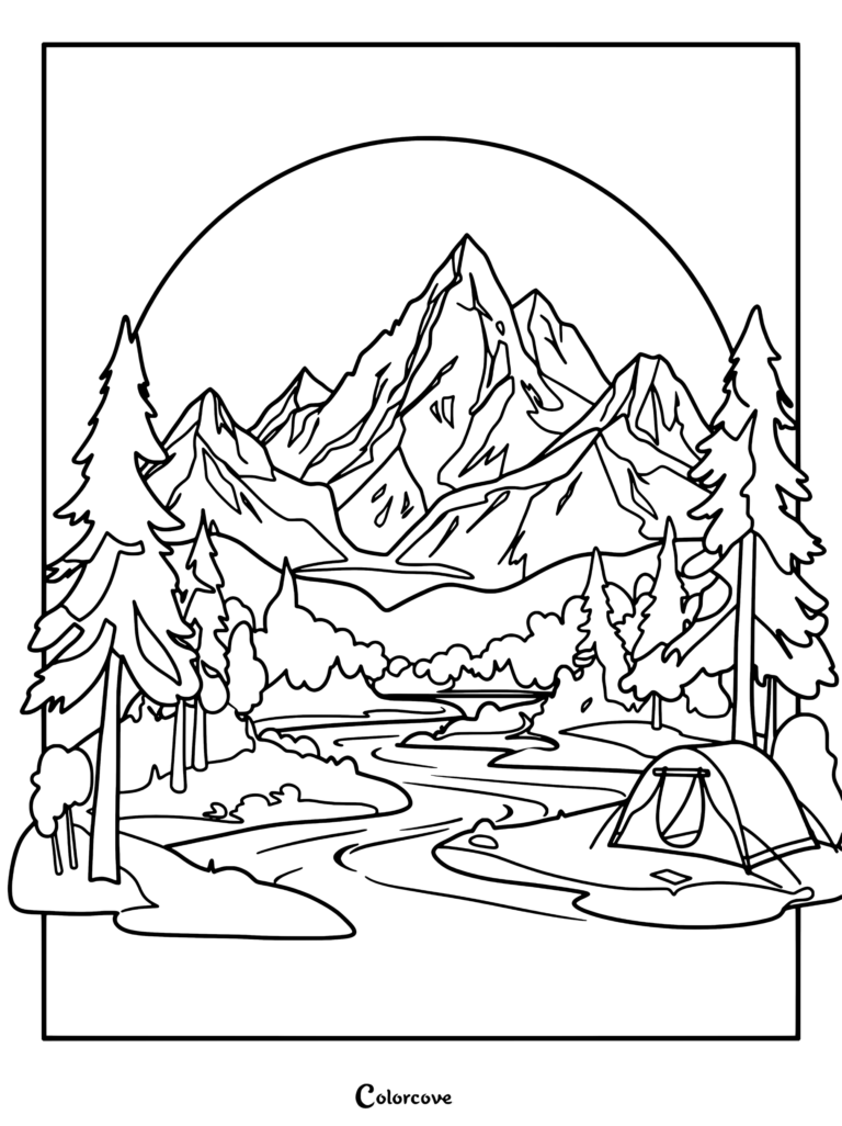 A detailed mountain landscape coloring page featuring a tent by a river, tall pine trees, and a large sun in the background.