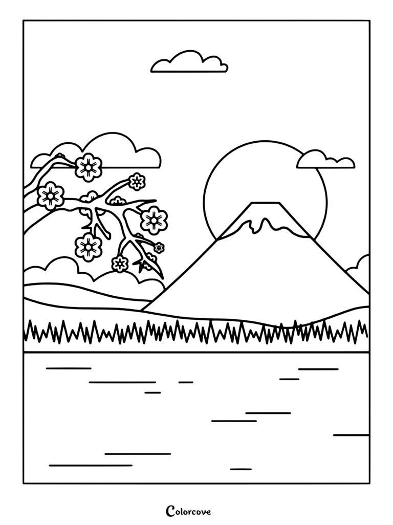 A printable coloring page featuring Mount Fuji with a large sun, cherry blossom branches, and a calm lake in the foreground.