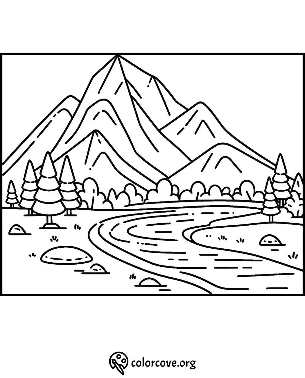 Coloring page of a scenic landscape featuring mountains, a river, trees, and rocks. Ideal for children's coloring activities.