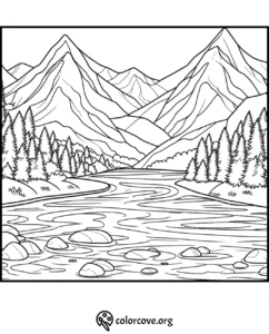 Mountain landscape coloring page with river, pine trees, and peaks. Printable nature scene for coloring enthusiasts.