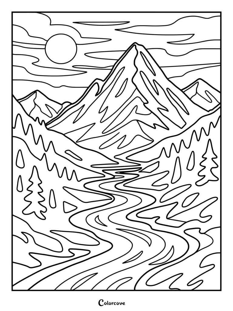 A mountain landscape coloring page featuring a winding river, pine trees, and a sun in the sky.