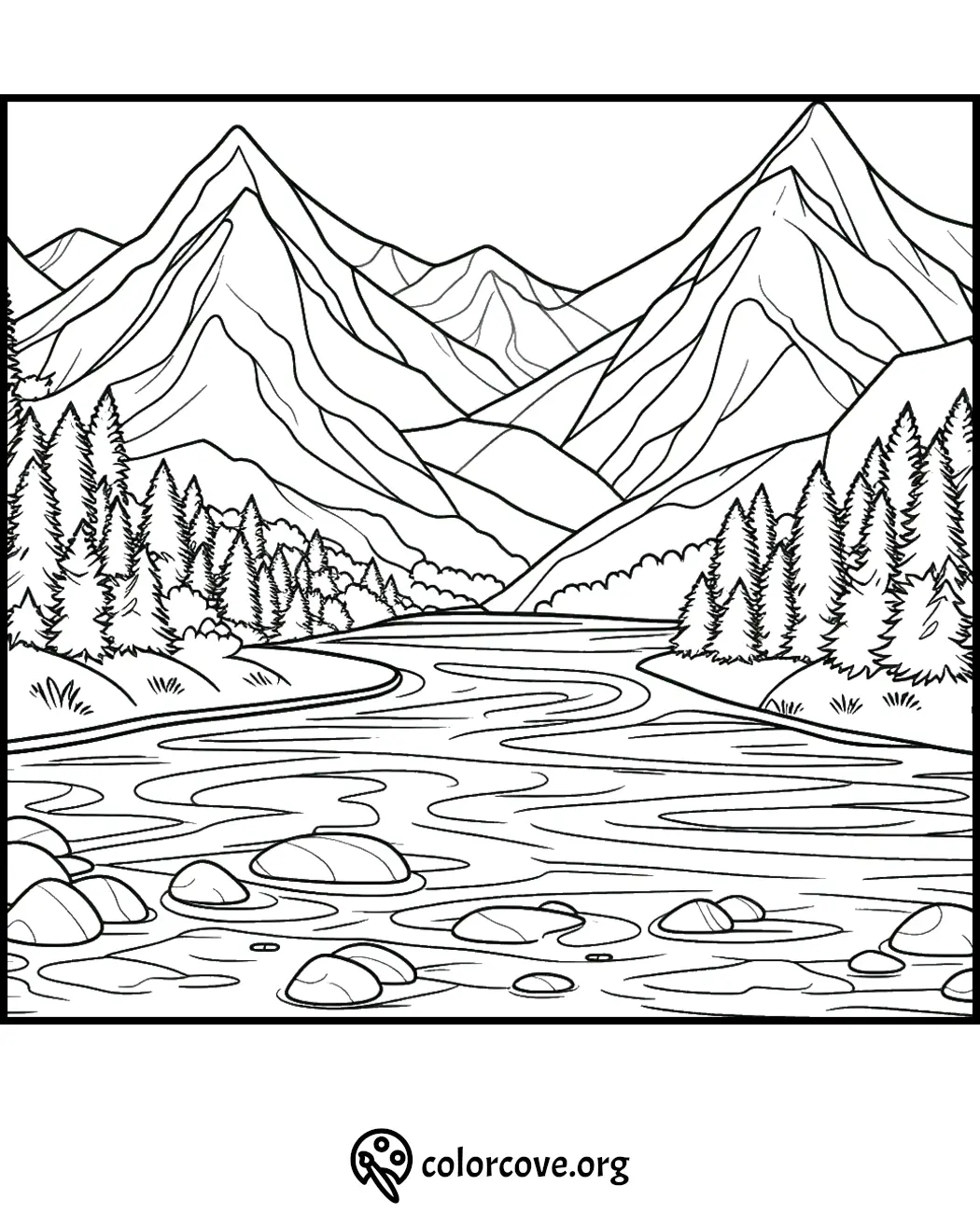 Mountain landscape coloring page with river, pine trees, and peaks. Printable nature scene for coloring enthusiasts.