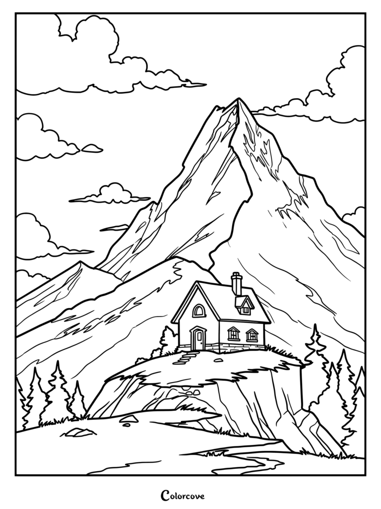 A printable coloring page featuring a cozy cabin perched on a cliffside beneath a towering, jagged mountain peak with fluffy clouds.
