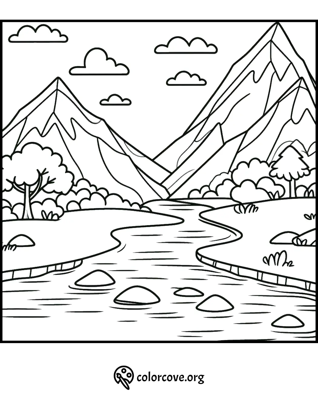 Mountain landscape coloring page with a river, trees, and clouds. Free to print and color from colorcove.org.