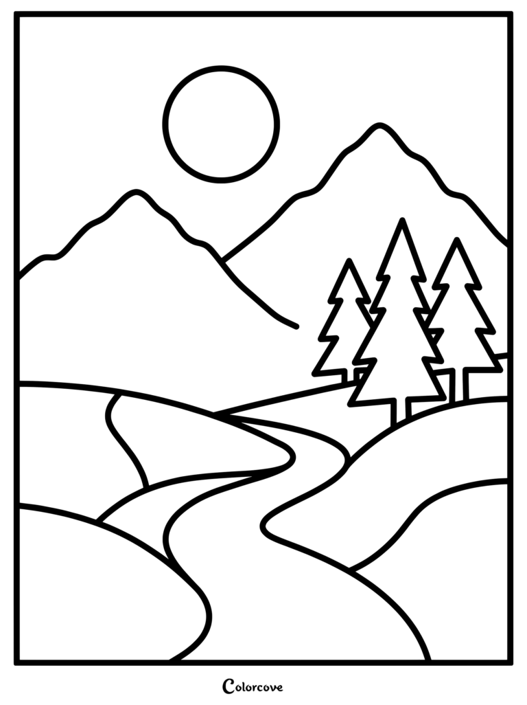 Simple mountain landscape coloring page featuring a winding river, pine trees, and a sun in the sky.