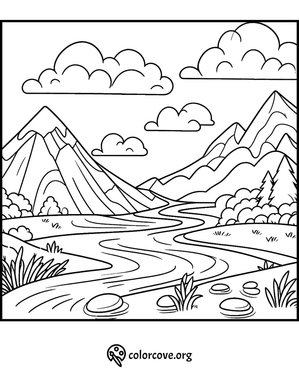 Mountain landscape coloring page with river, trees, and clouds. Free printable from colorcove.org for kids.