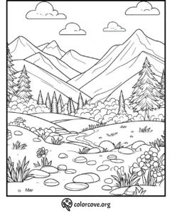 Mountain landscape coloring page with a stream, rocks, trees, and flowers. Ideal for kids and adults. ColorCove.org.