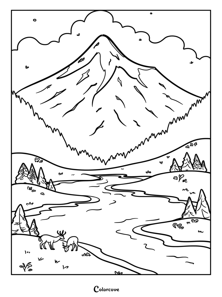 A printable coloring page featuring a snow-capped mountain peak, a winding river, pine trees, and two deer grazing on the grassy riverbank.