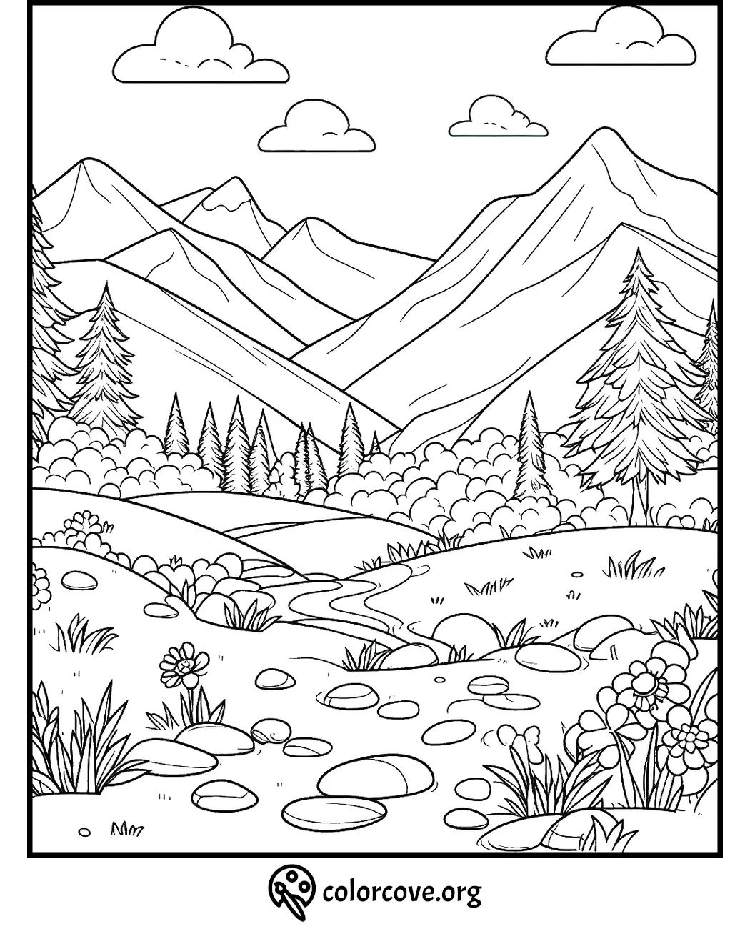 Mountain landscape coloring page with a stream, rocks, trees, and flowers. Ideal for kids and adults. ColorCove.org.