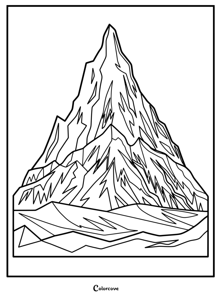 A black and white line art coloring page featuring a tall, jagged mountain peak with rocky textures and a flat base.