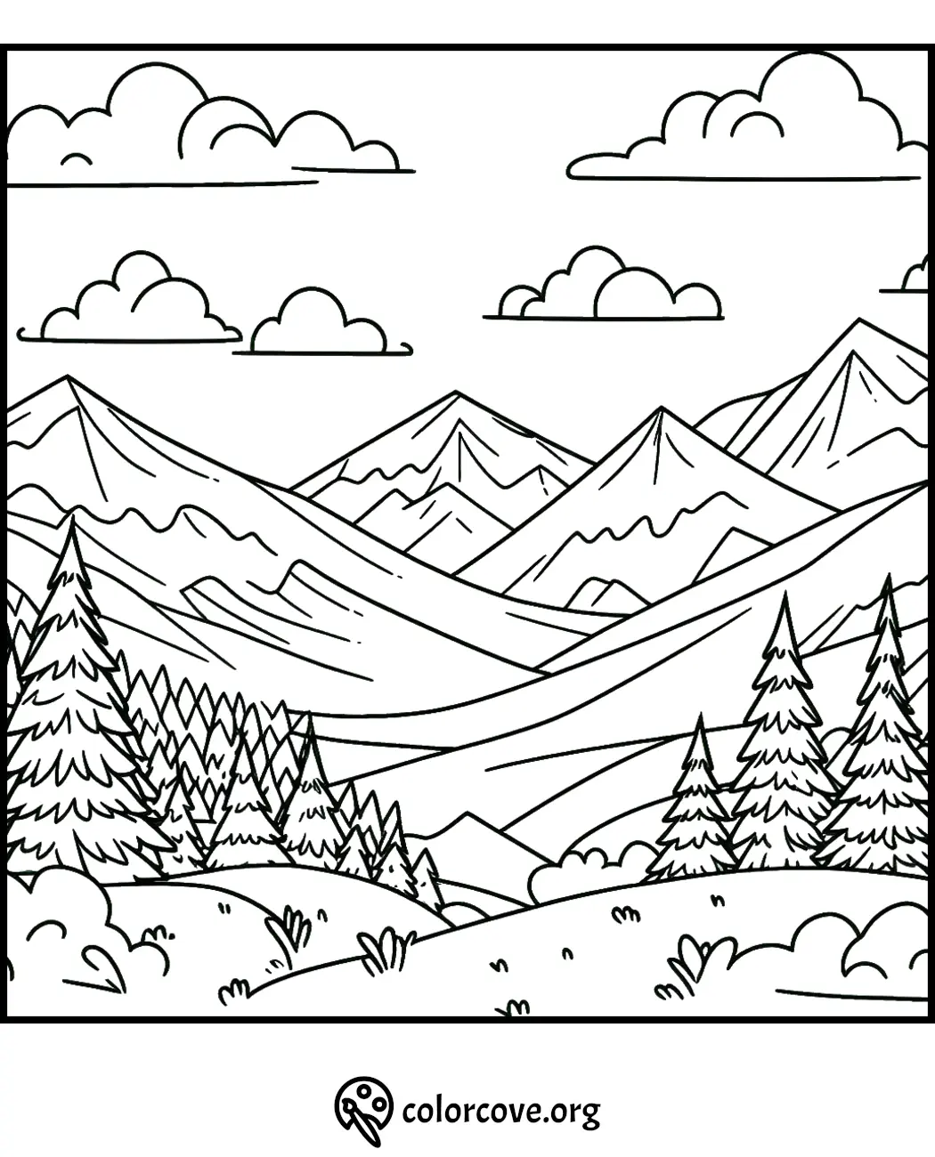 Mountain scenery coloring page with pine trees, rolling hills, and fluffy clouds. Perfect for kids and nature lovers to color.