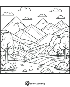 Coloring page featuring a scenic landscape with mountains, trees, clouds, and a winding path. Perfect for kids and adults.