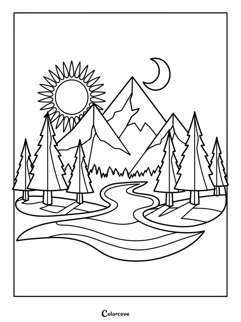 A coloring page featuring a mountain range, pine trees, a winding river, and both a sun and crescent moon in the sky.