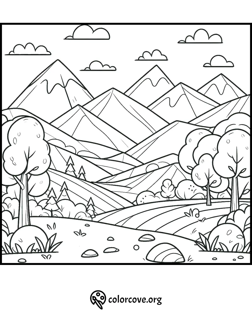 Coloring page featuring a scenic landscape with mountains, trees, clouds, and a winding path. Perfect for kids and adults.