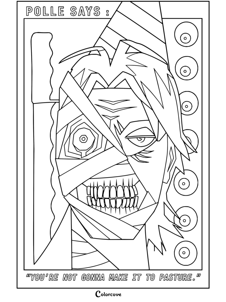 Coloriage Mouthwashing à imprimer représentant Polle avec des bandages, un chapeau de fête, un couteau et des yeux.