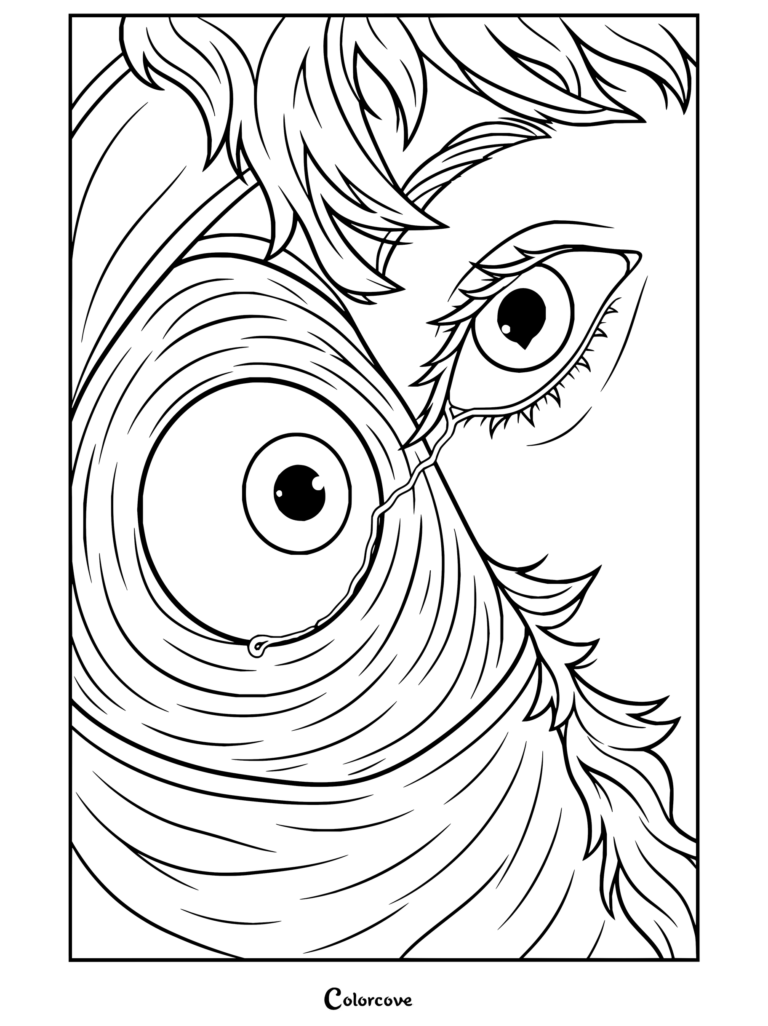 Une page de coloriage Mouthwashing à imprimer montrant Curly avec une mutation faciale horrifique et un œil géant.