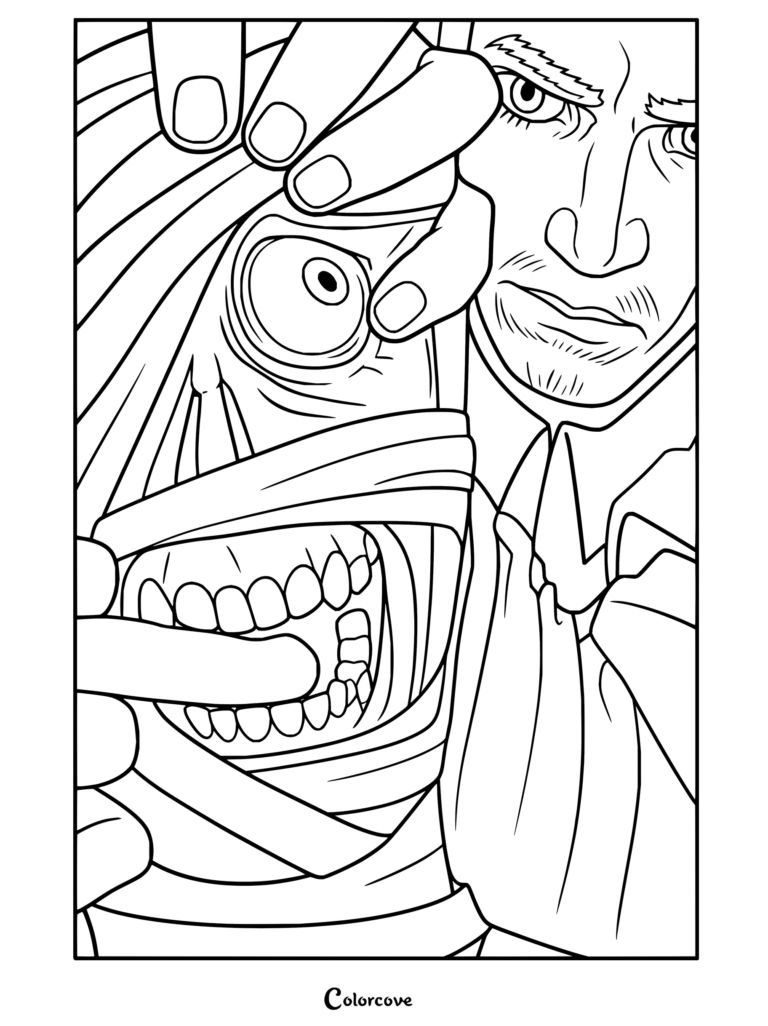 Page de coloriage terminée de Curly de Mouthwashing au visage bandé, au corps mutilé et à la transformation horrifique