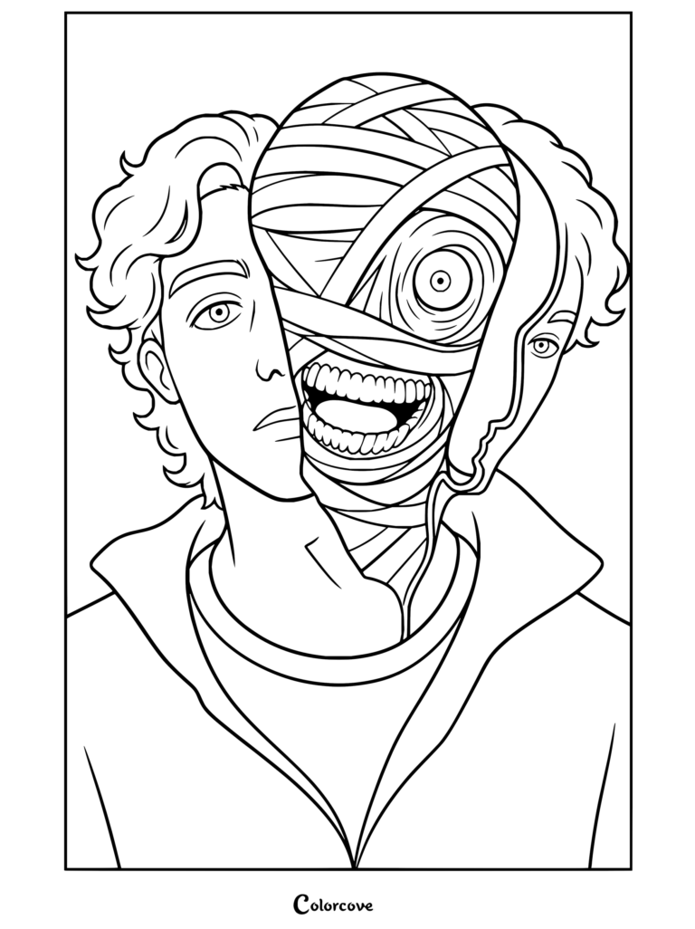 Coloriage Mouthwashing montrant Curly avec son visage bandé s'ouvrant pour révéler une bouche grimaçante grotesque et un œil unique.