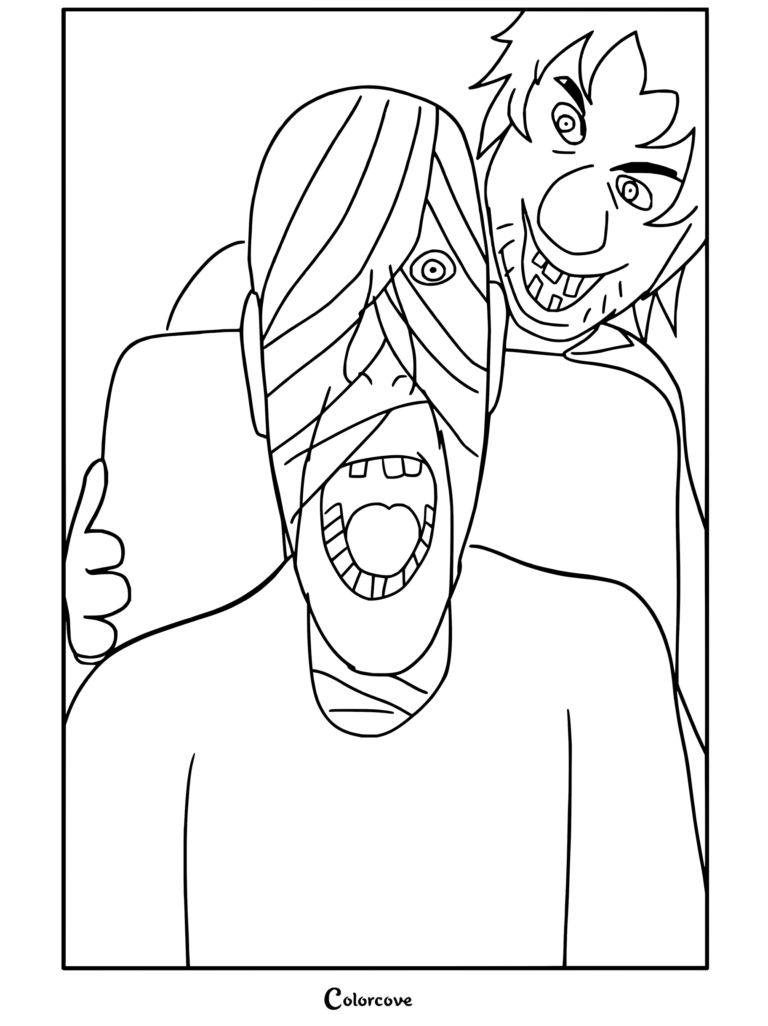 Coloriage Mouthwashing montrant Curly au visage bandé hurlant de détresse tandis que Jimmy se tient derrière lui.