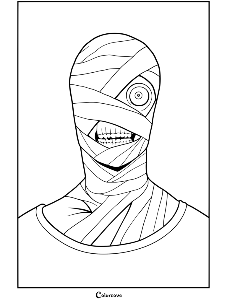 Coloriage Mouthwashing montrant Curly avec le visage bandé, un œil exposé et les dents découvertes.