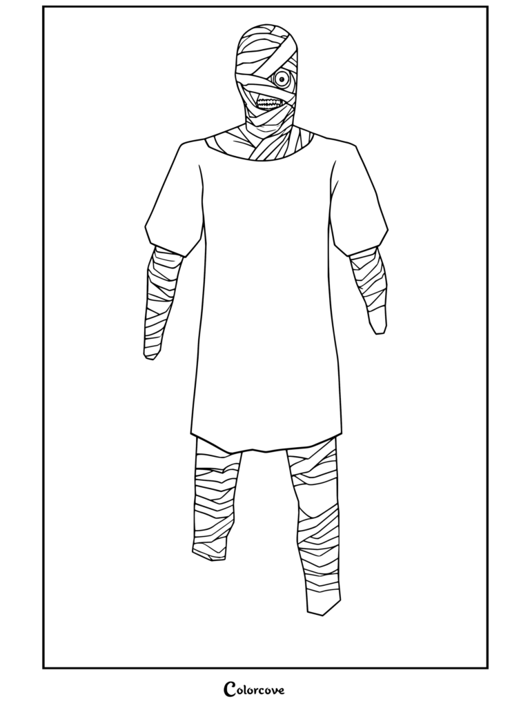 Coloriage montrant Curly de Mouthwashing en patient lourdement bandé portant une blouse d'hôpital.