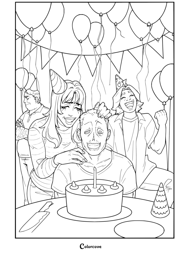 Page de coloriage Mouthwashing mettant en vedette l'hallucination surréaliste de fête d'anniversaire de Curly avec Daisy, Swansea, Jimmy et Anya rassemblés autour d'un gâteau.