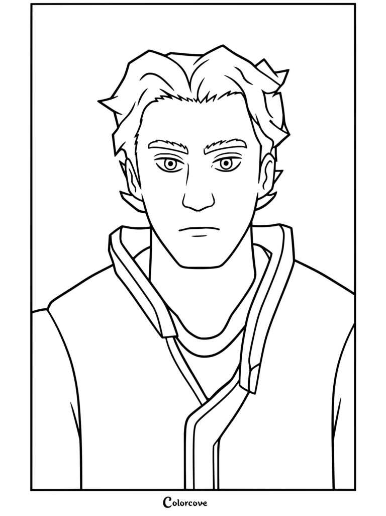 Coloriage détaillé présentant Curly du jeu vidéo indépendant d'horreur psychologique Mouthwashing, en portrait dans son uniforme avec un air sérieux.