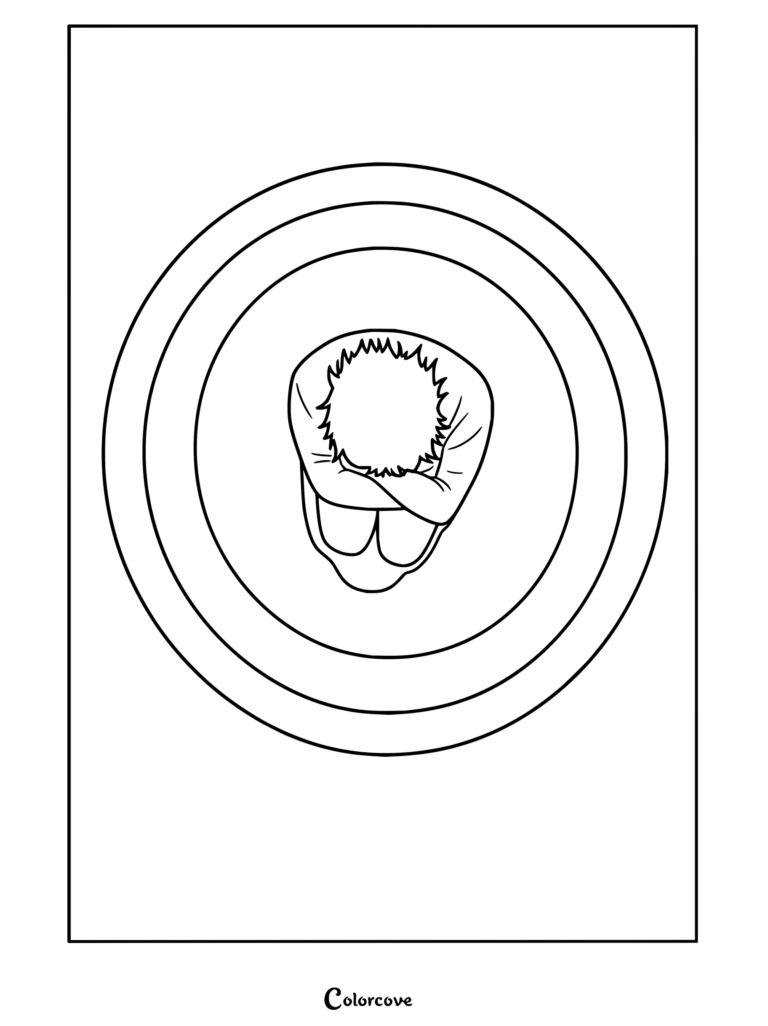Page de coloriage à imprimer de Curly de Mouthwashing recroquevillé à l'intérieur d'un tunnel rouge.